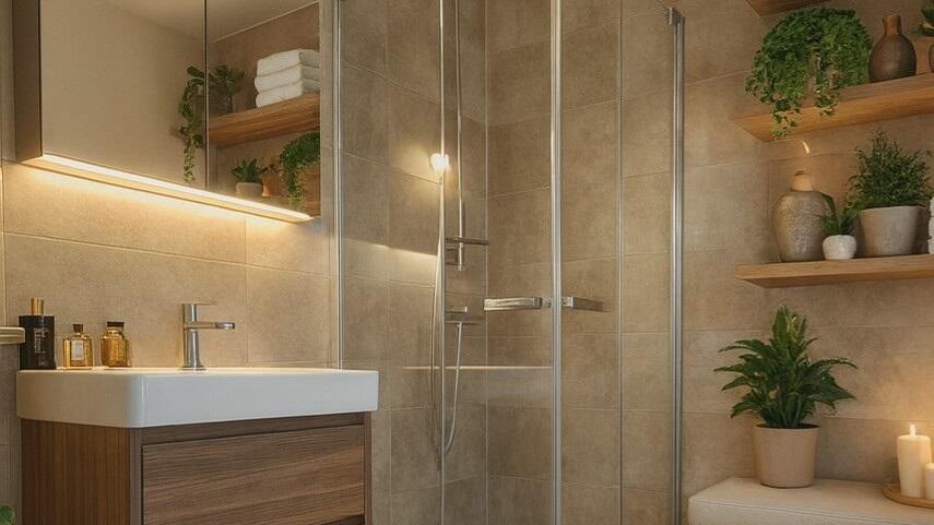 Darstellung Badezimmer mit Dusche, Waschbecken, Spiegel, Pflanzen, Kerzen