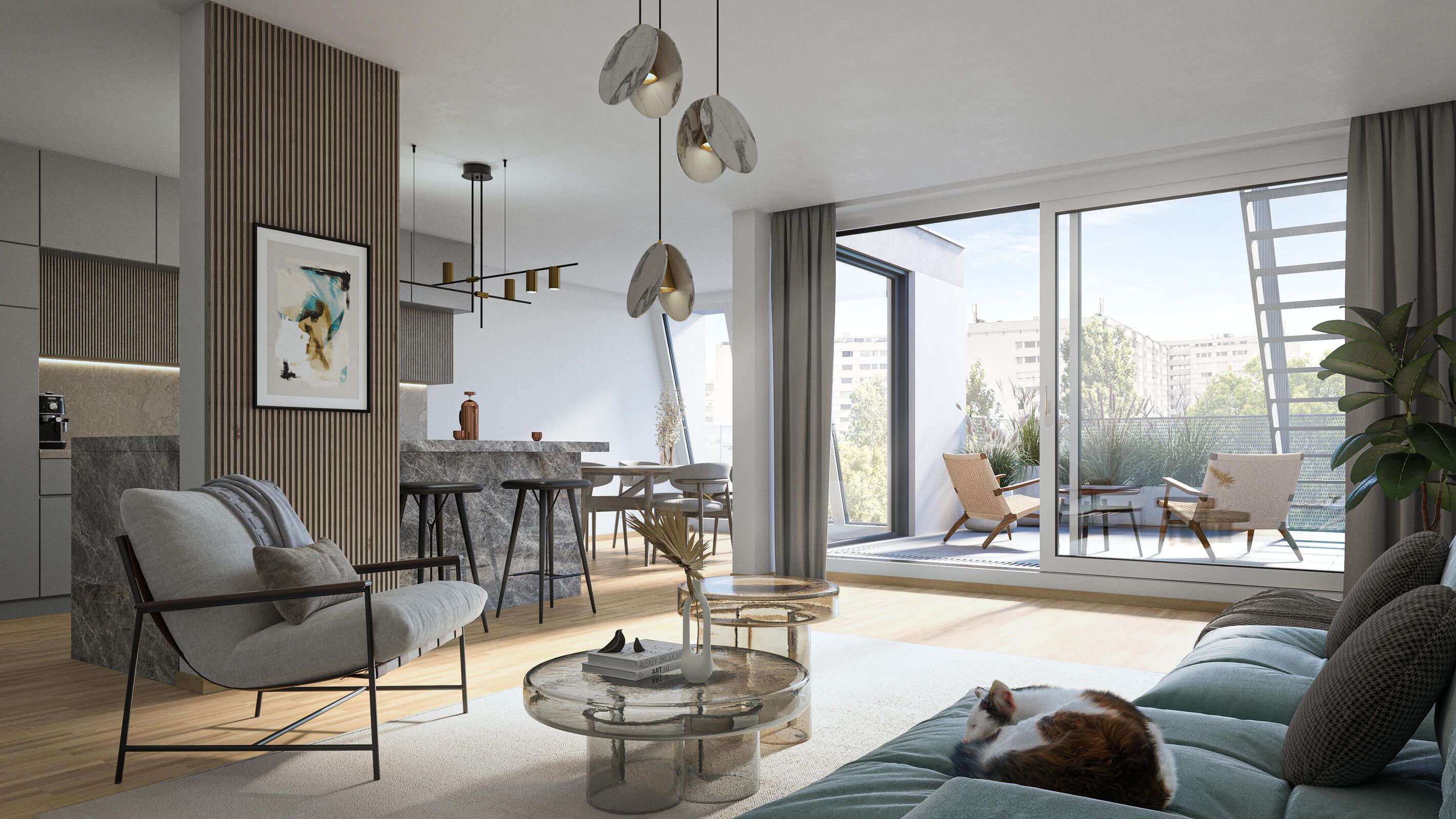Visualisierung des modernen Wohnraums mit Essbereich, Küche und Zugang zur Terrasse