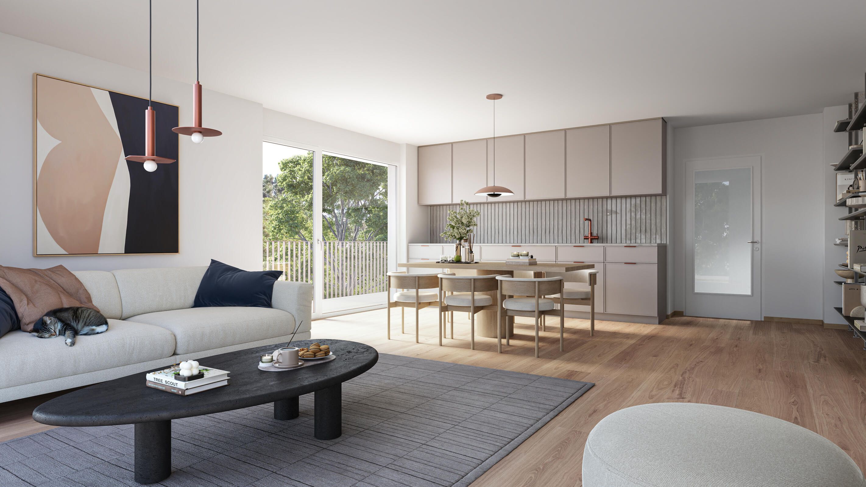 Visualisierung eines modernen Wohnraums mit Küche und Zugang zum Balkon