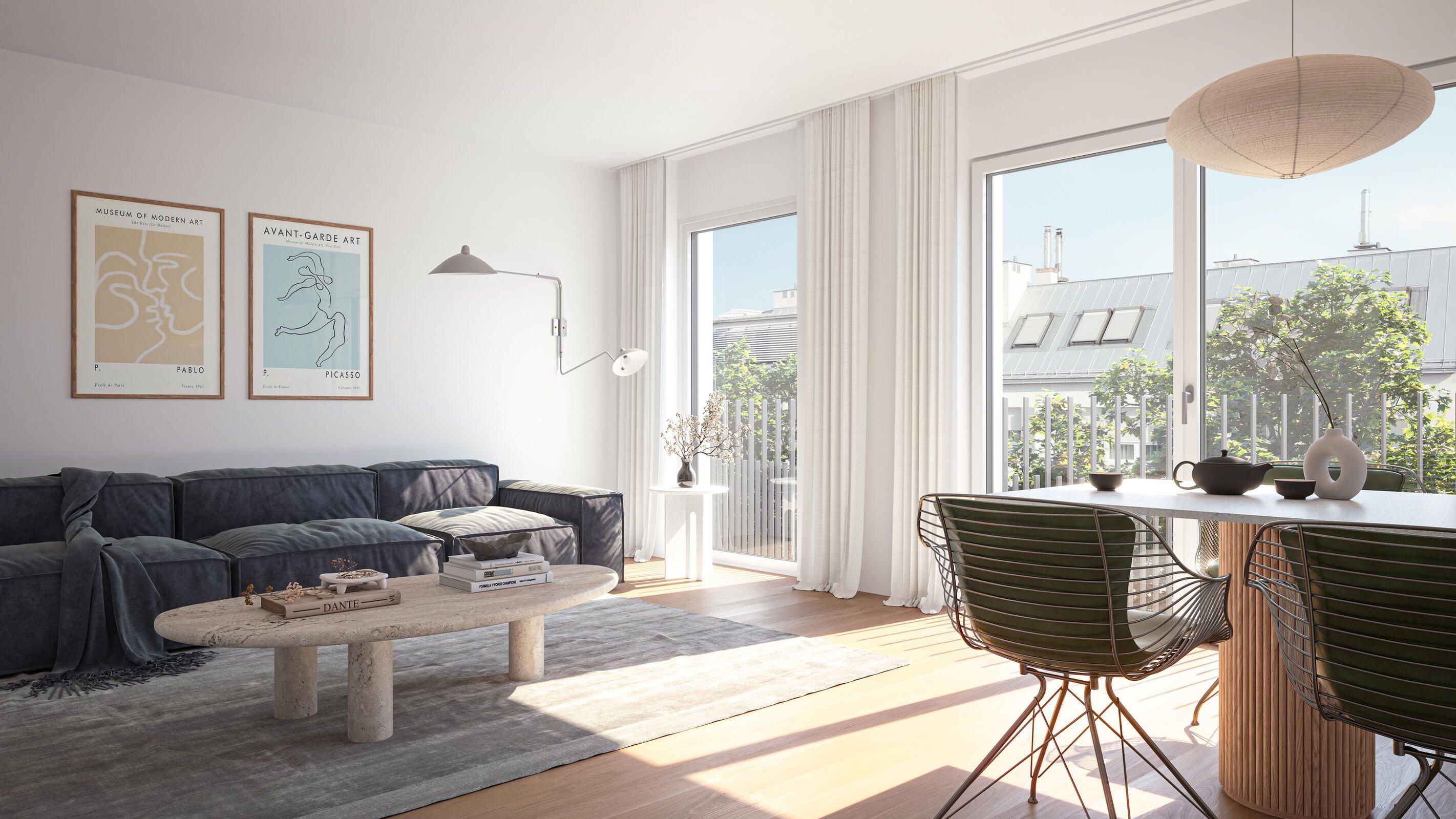 Innenvisualisierung Wohn- / Esszimmer mit Parkettboden und  großen Fenstern
