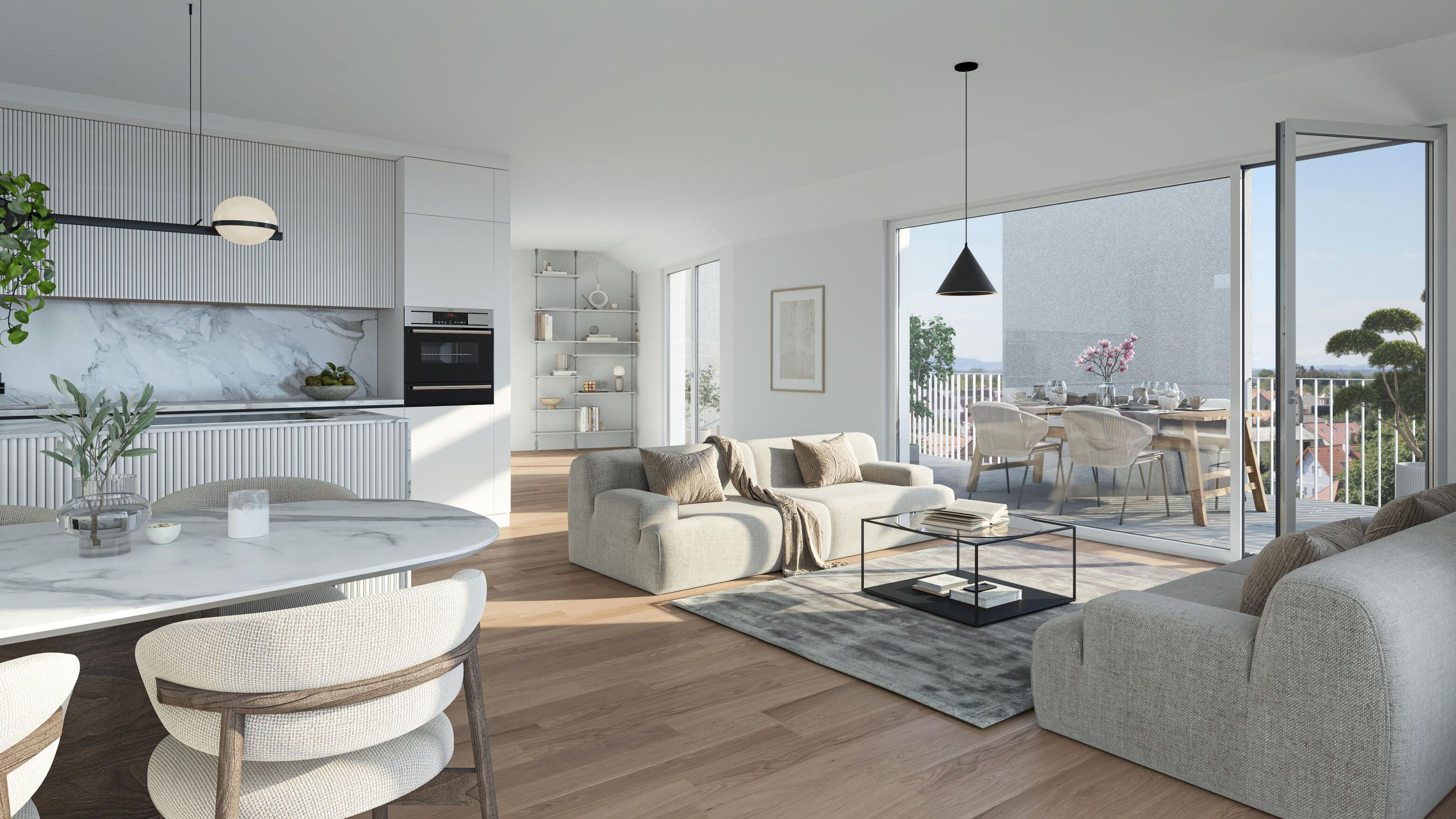 Visualisierung eines modernen Wohnraums mit Küche und Zugang zur Terrasse