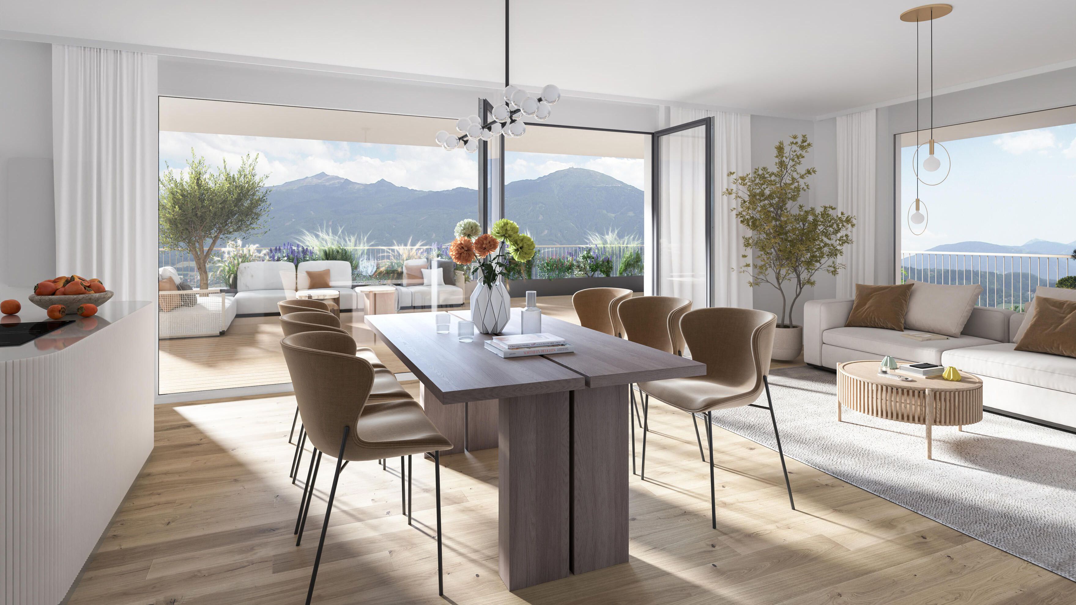 Visualisierung eines modernen Wohnraums mit Zugang zur Terrasse