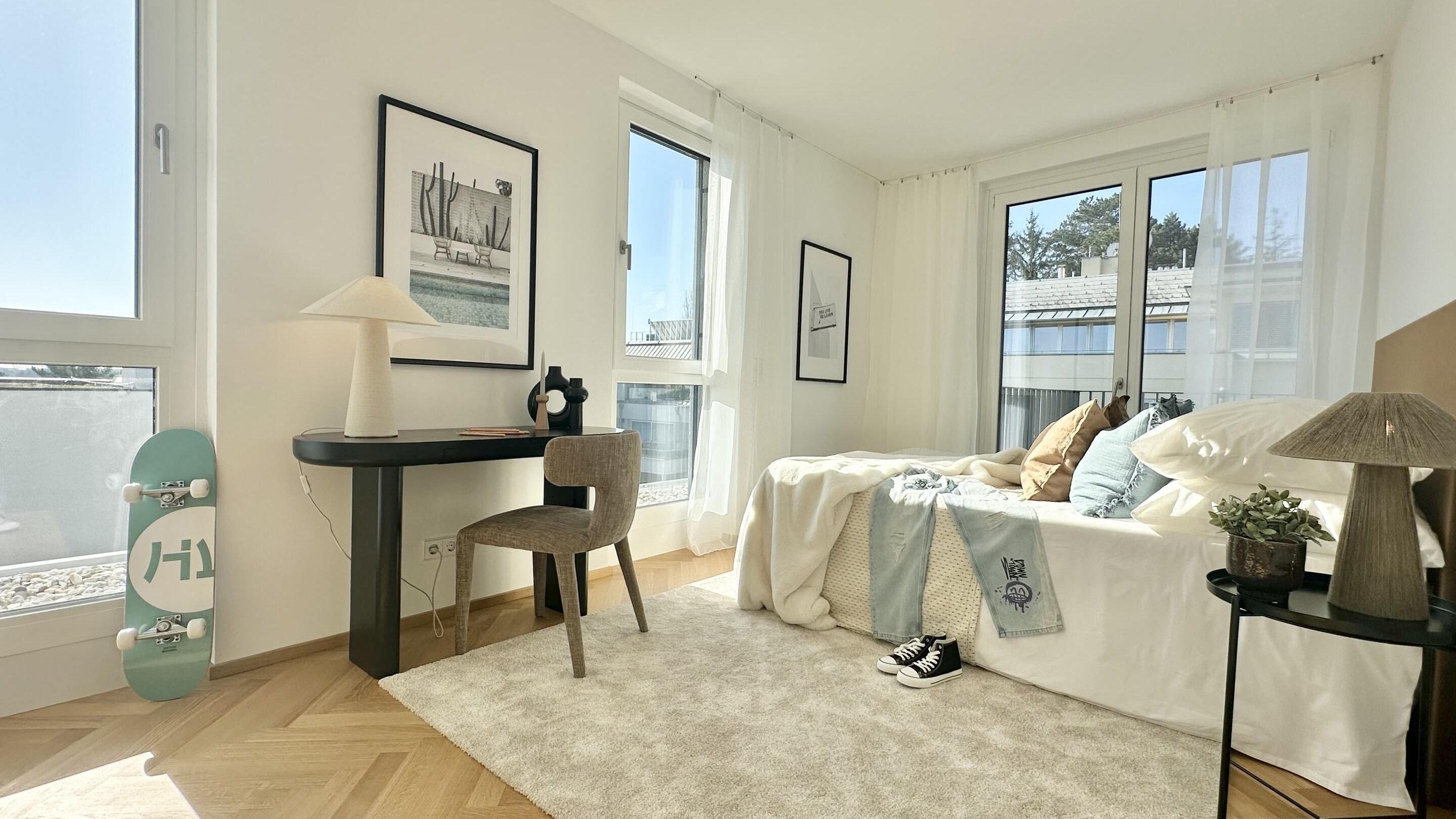 Darstellung eines Schlafzimmer mit Mustermöblierung