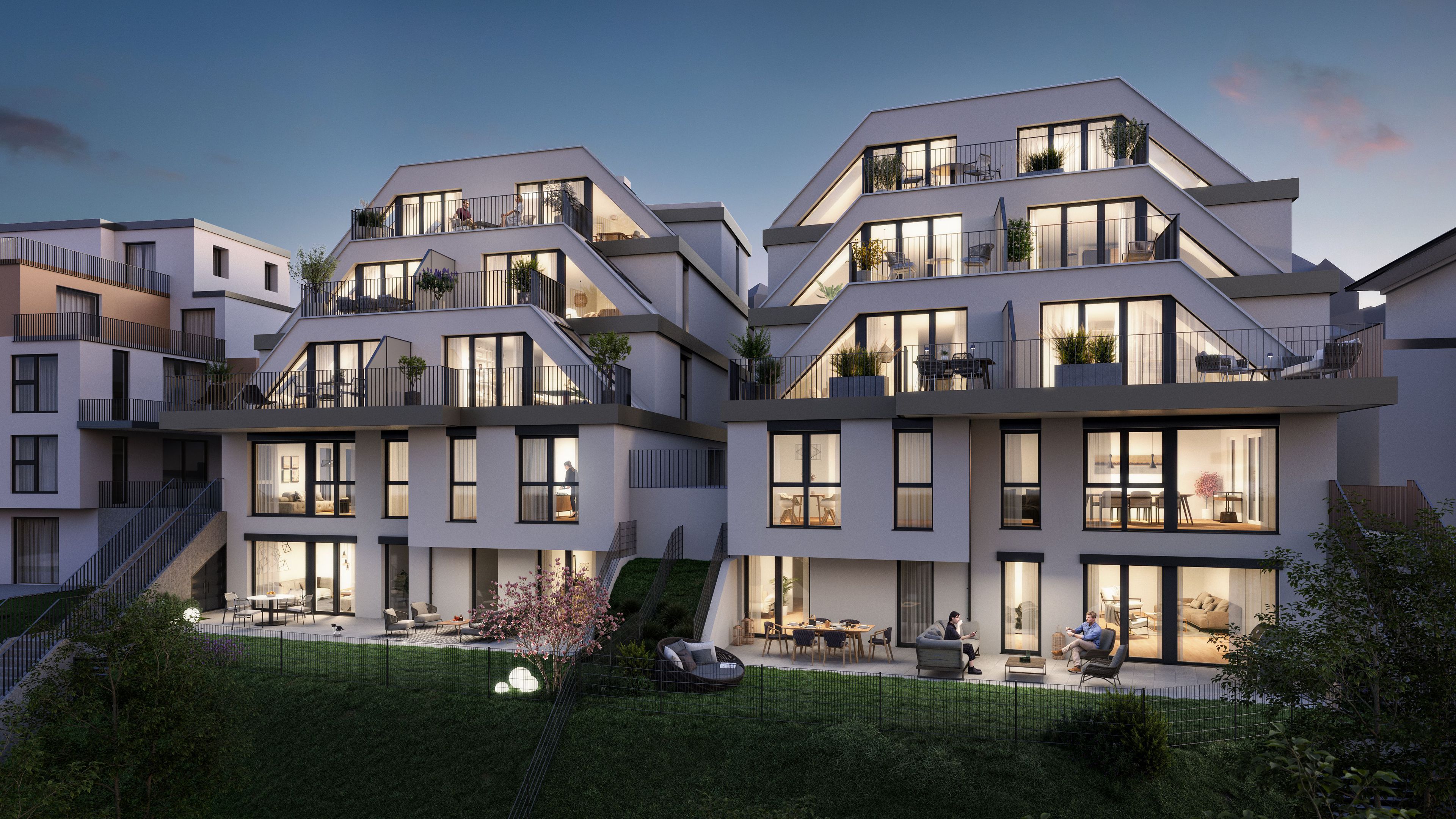 Visualisierung der Raffelspergergasse mit Blick auf Balkone und Terrassen bei Nacht