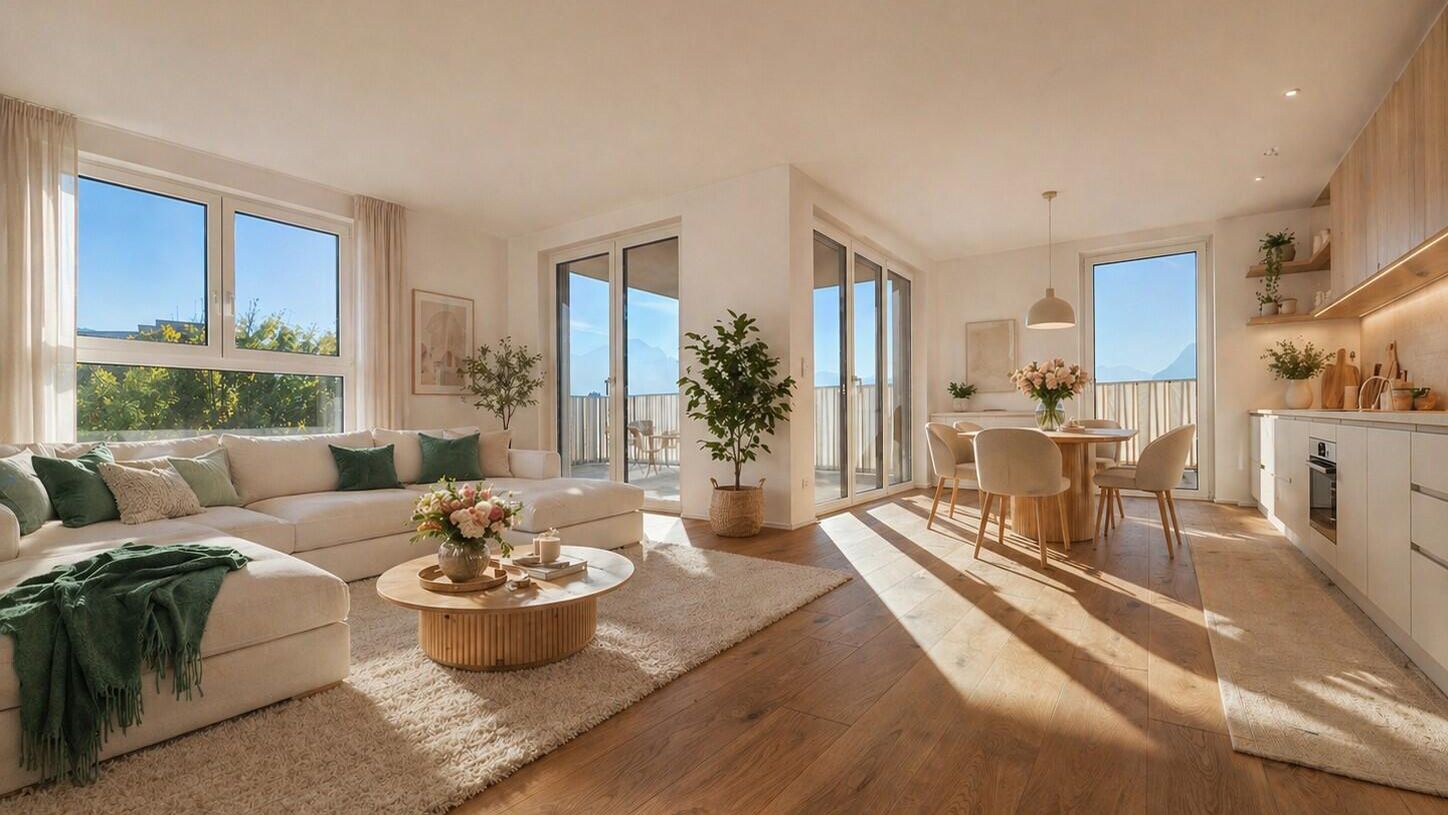 Darstellung Wohnzimmer und Küche, möbliert