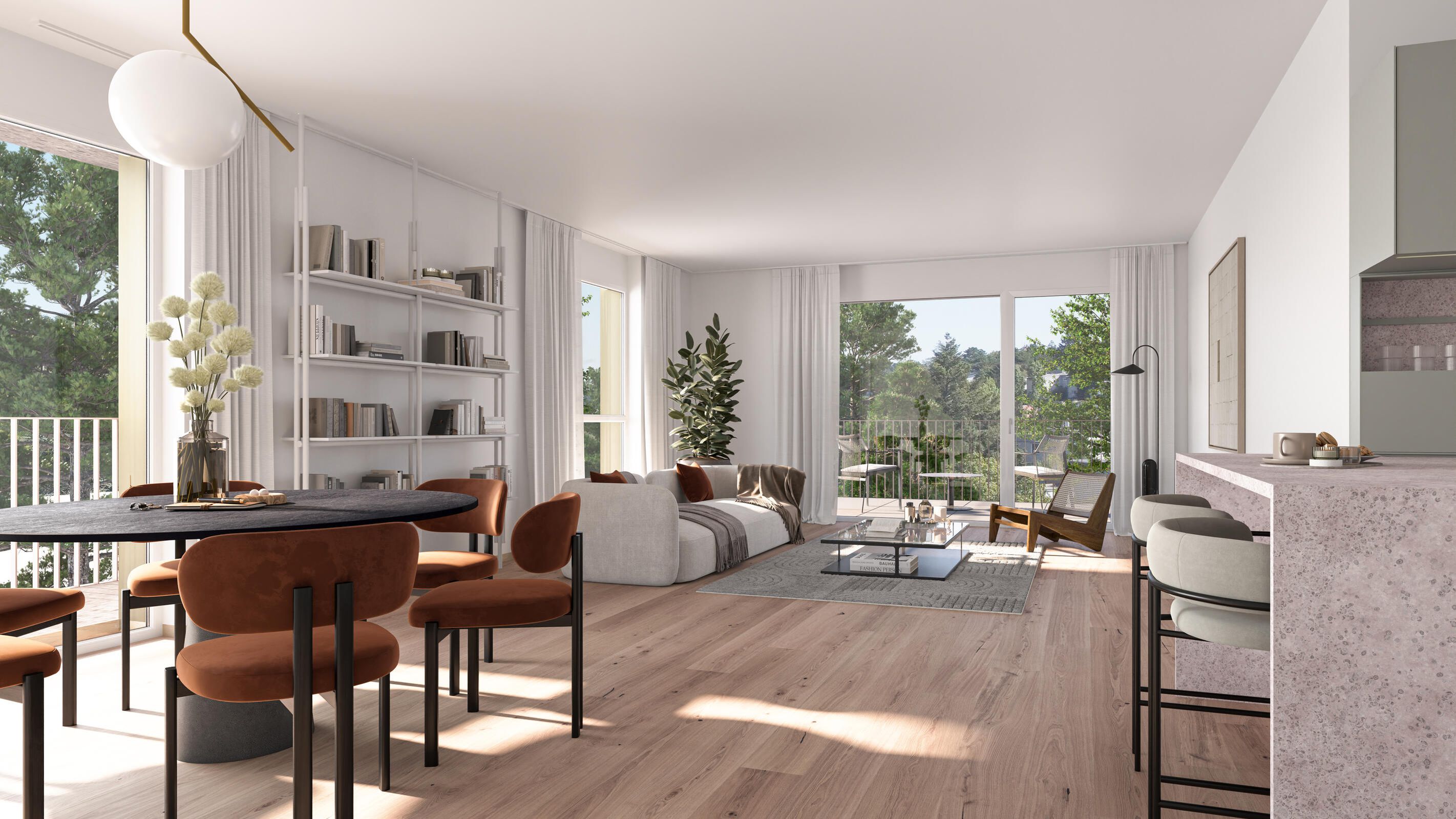 Visualisierung eines modernen Wohnraums mit Zugang zum Balkon