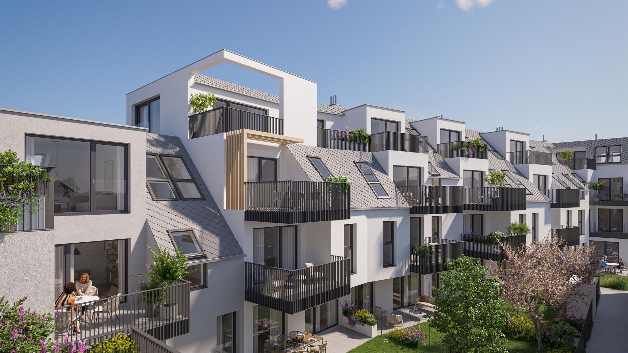 Visualisierung einer modernen Wohnanlage am Jedlersdorfer Platz mit Blick auf grüne Gärten und Balkone