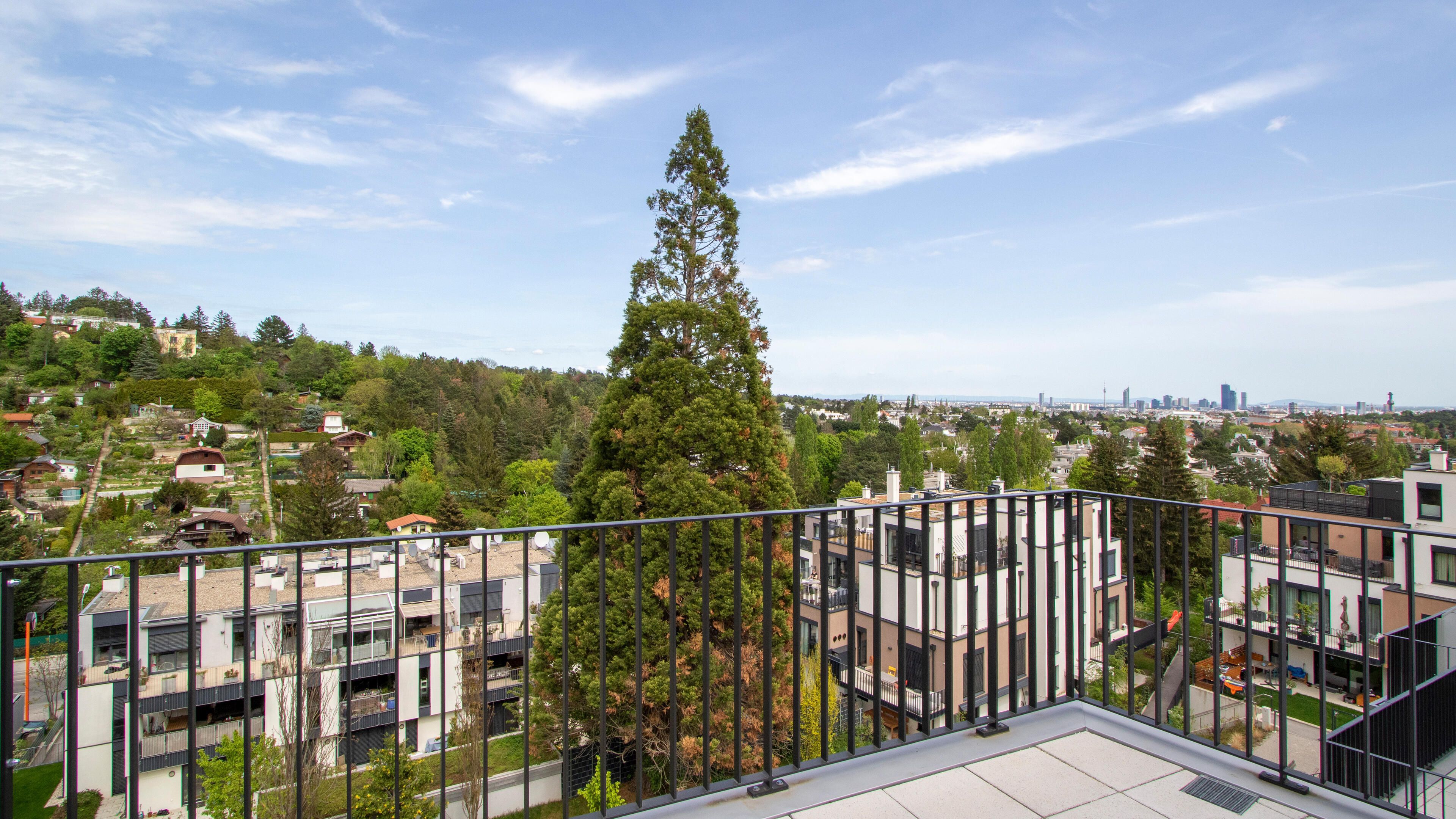 Aussichtsfoto von der Dachterrasse mit Weitblick, Blick ins Grüne und Blick über Wien