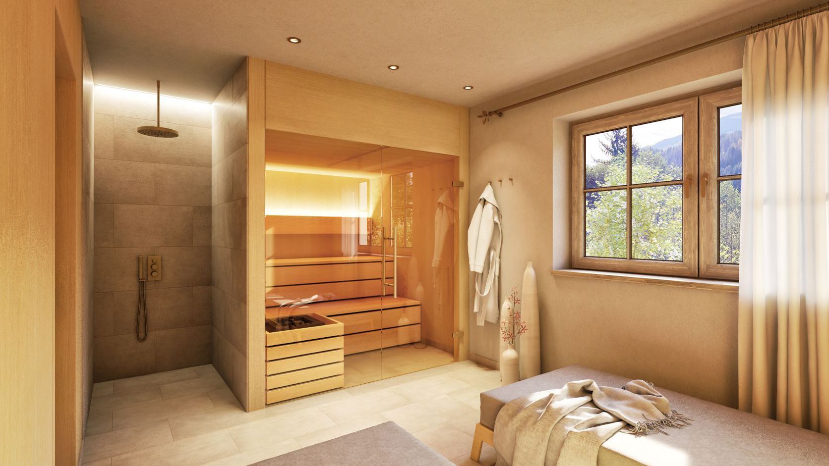Visualisierung eines gemütlichen Wellnessbereichs mit Sauna und Dusche