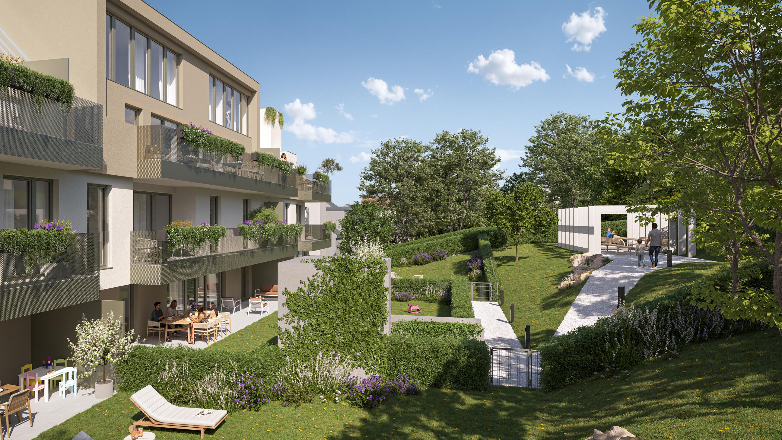 Visualisierung einer modernen Wohnanlage in der Fasangartengasse mit Blick auf grüne Gärten und Balkone