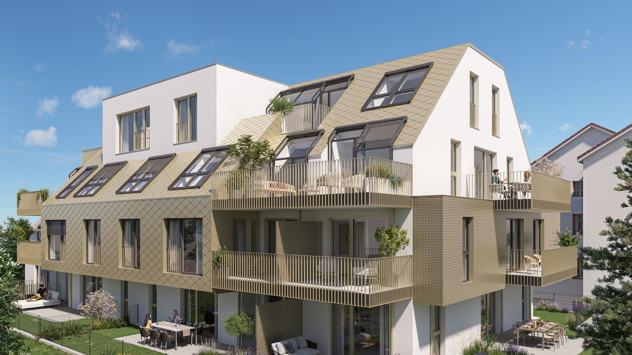 Visualisierung einer modernen Wohnanlage in der Gallitzinstraße mit Blick auf grüne Gärten und Balkone