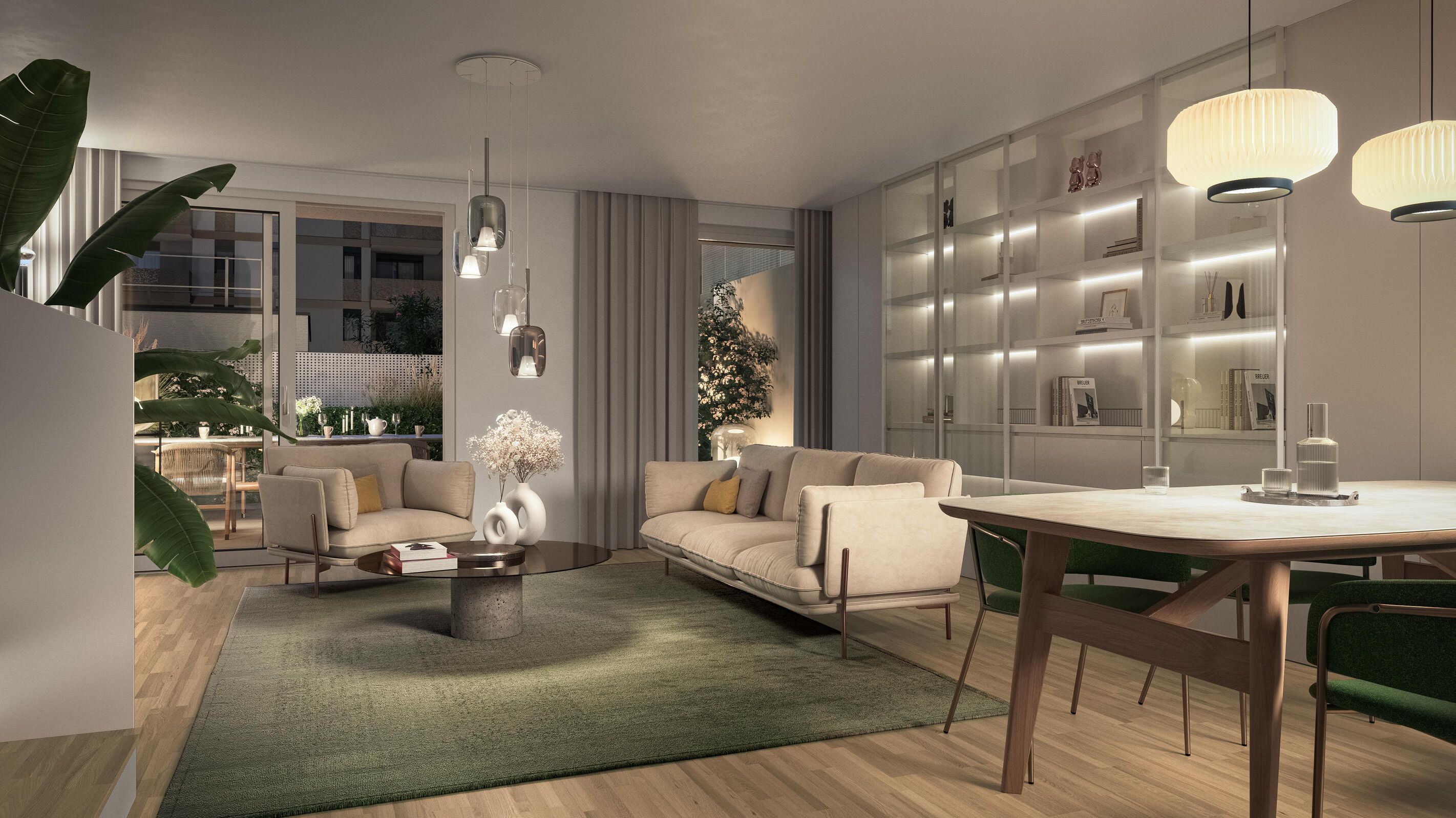 Visualisierung des modernen Wohnraums mit Essbereich und Zugang zur Terrasse
