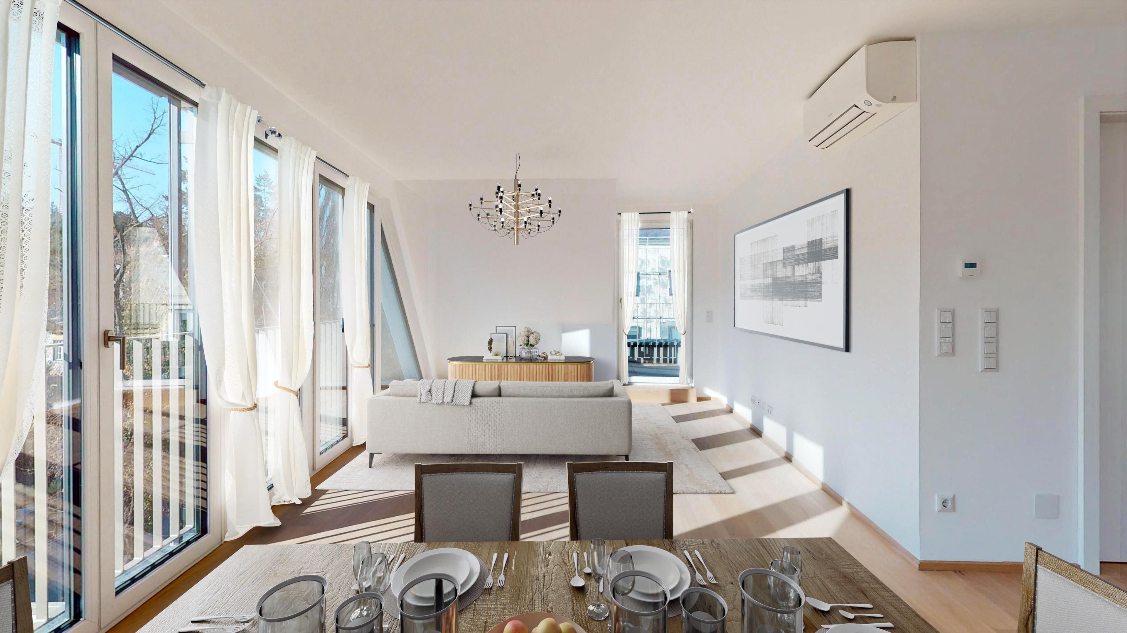 Visualisierung eines modernen Wohnraums mit großen Fenstern
