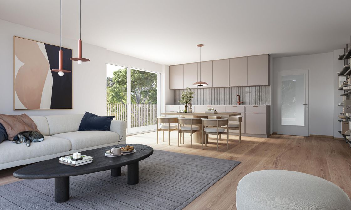 Visualisierung eines modernen Wohnraums mit Küche und Zugang zum Balkon