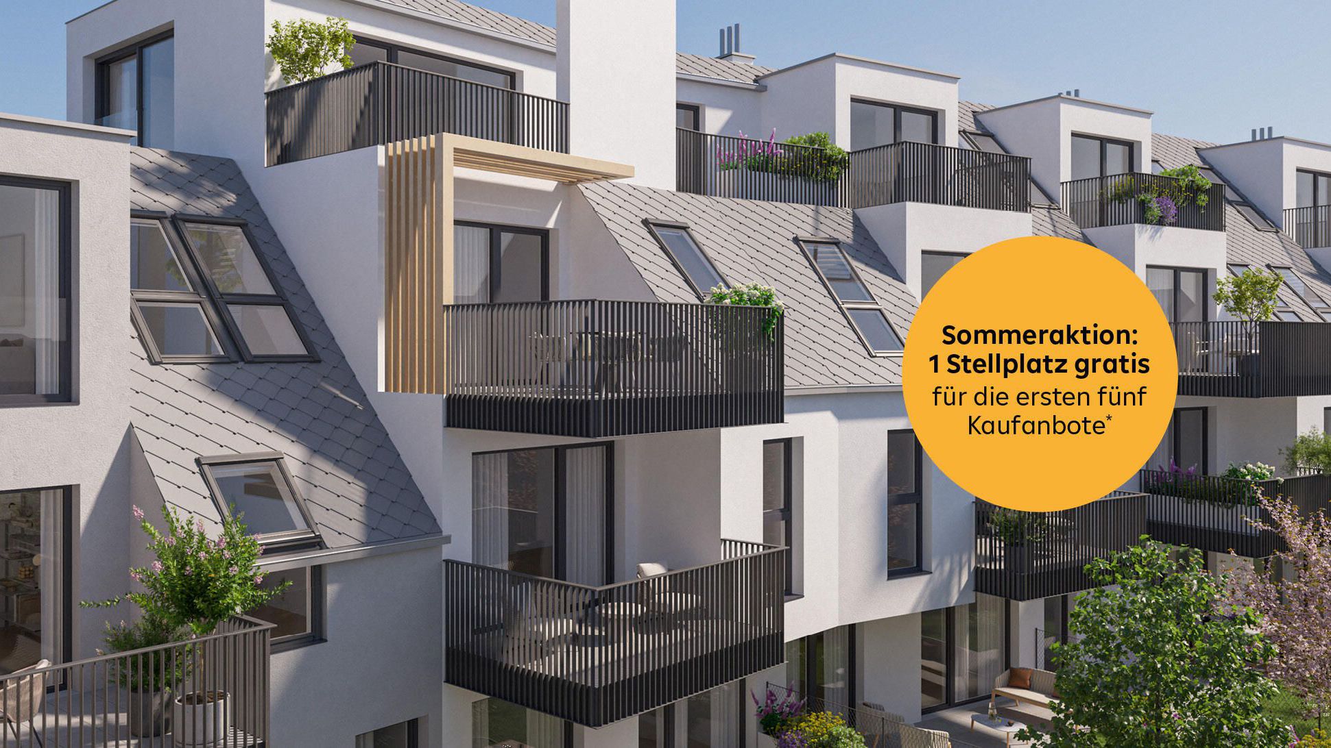 Visualisierung einer modernen Wohnanlage am Jedlersdorfer Platz mit Blick auf grüne Gärten und Balkone