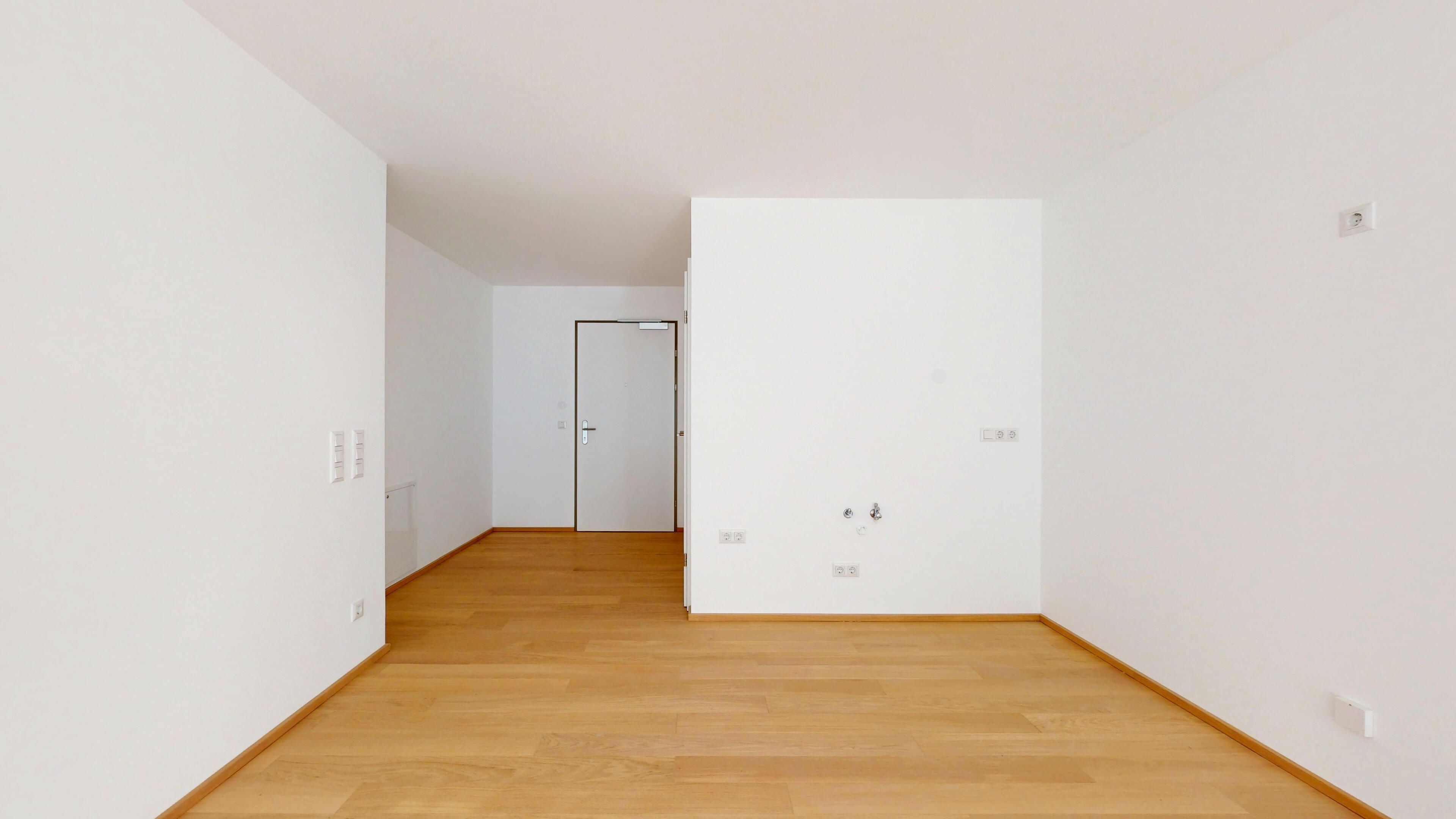 Ansicht eines geräumigen Wohnraumes mit Küche mit Blick Richtung Eingang