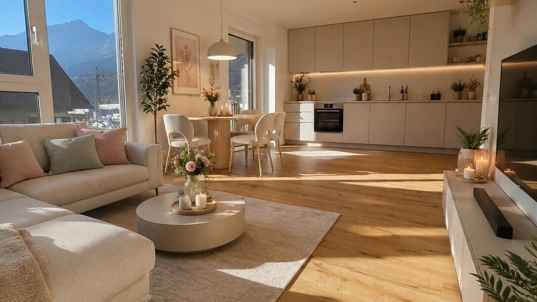 Darstellung Wohnzimmer mit integrierter Küche, möbliert