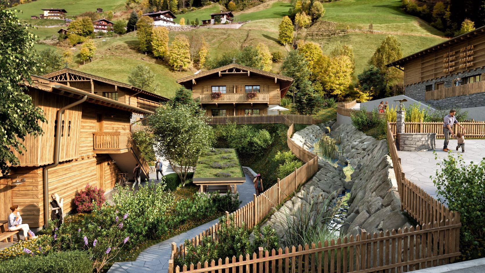 Visualisierung der Kelchsau Apartments mit Vorgarten in grüner Landschaft