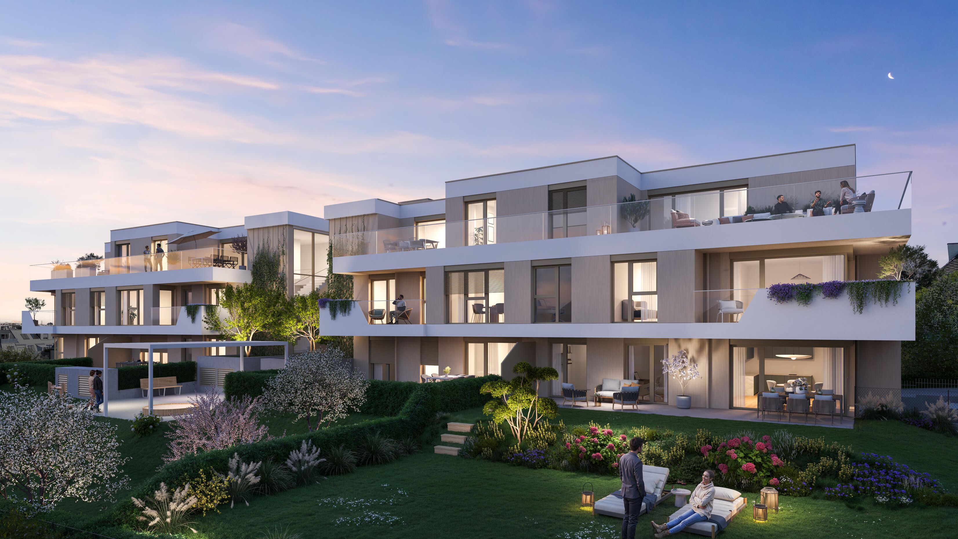 Visualisierung Abtsbergengasse gartenseitig Abendstimmung