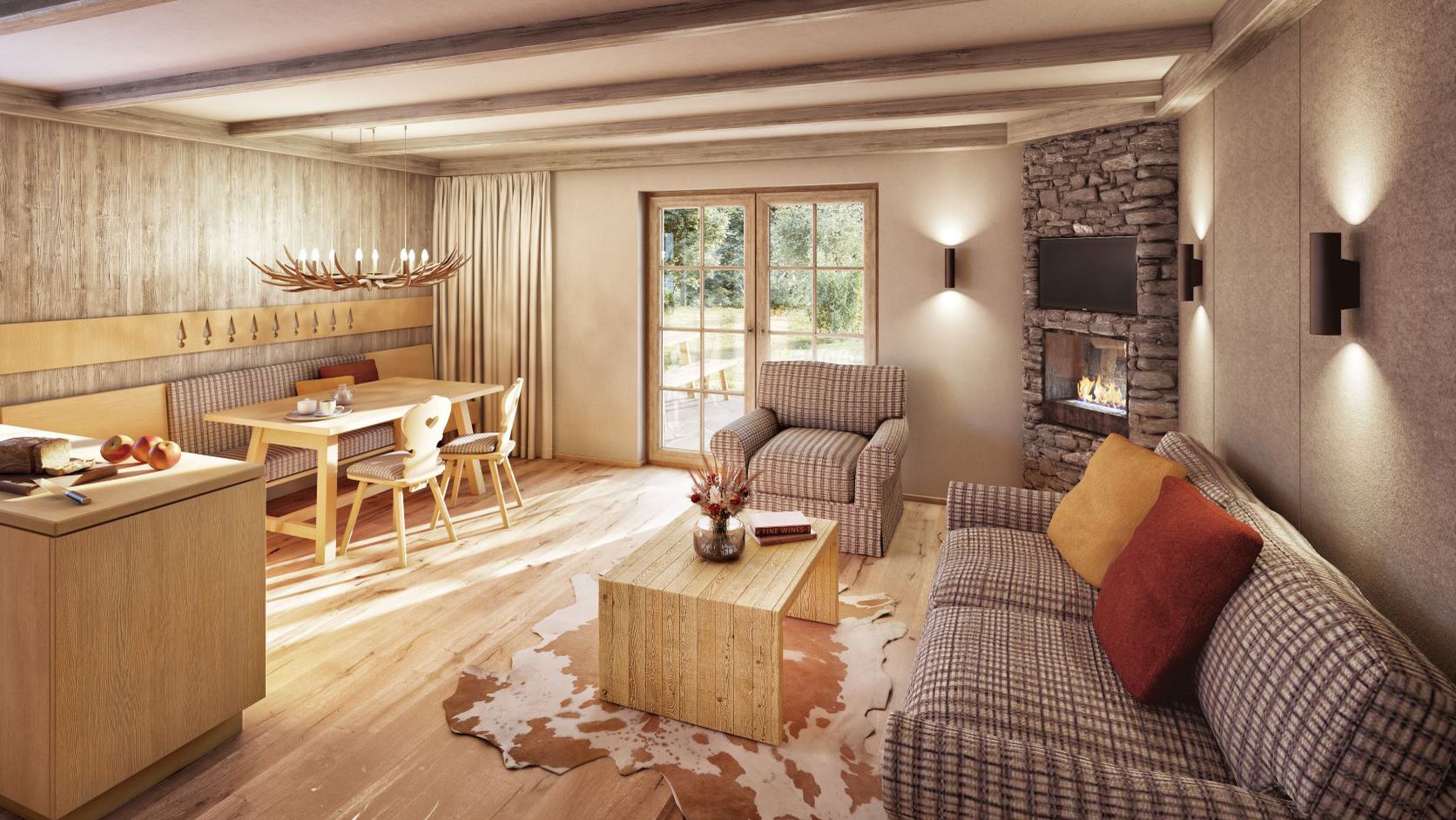 Visualisierung eines gemütlichen Wohnraums mit Holzdetails und Essbereich