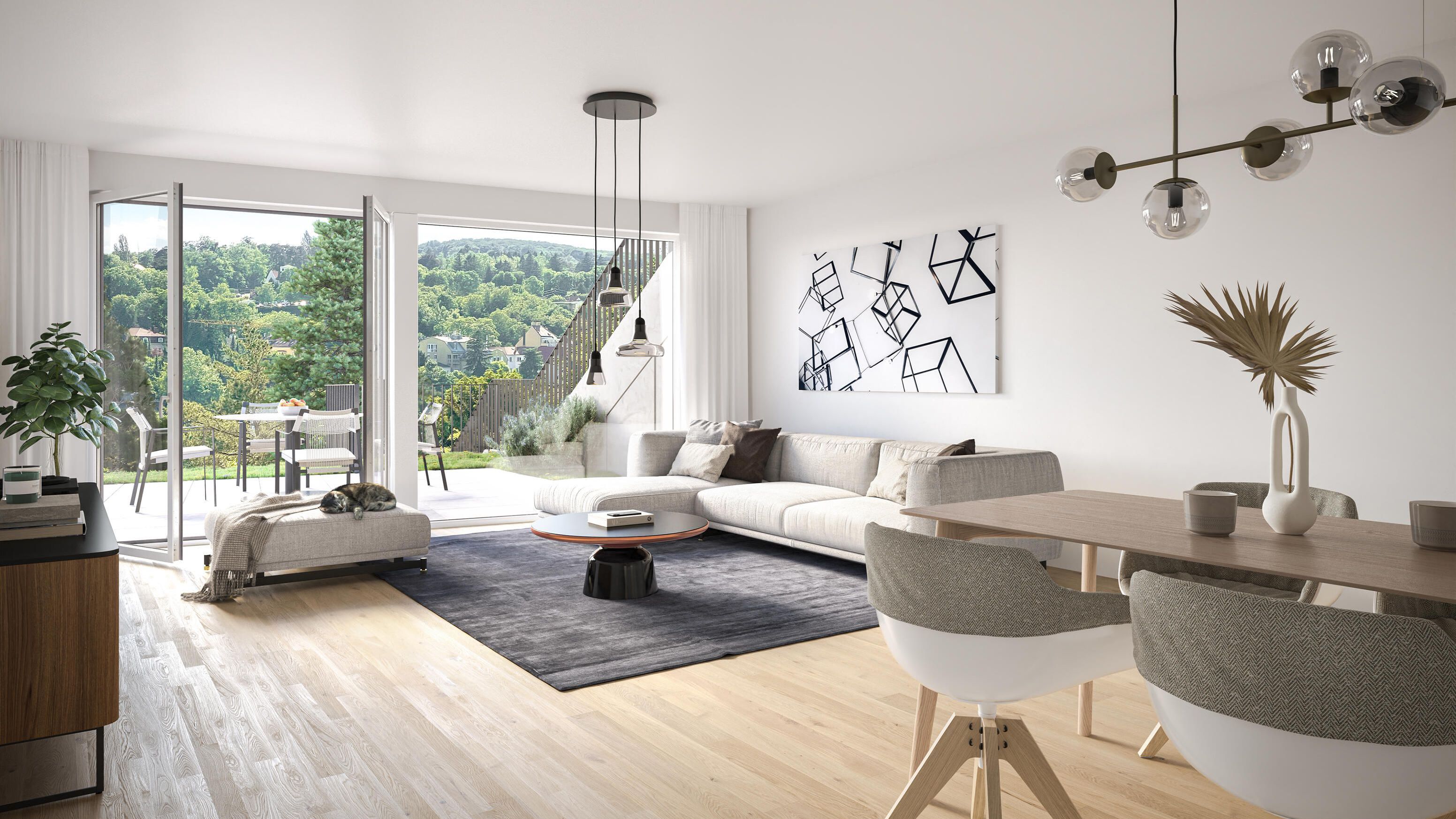 Visualisierung eines modernen Wohnzimmers mit Zugang zur Terrasse