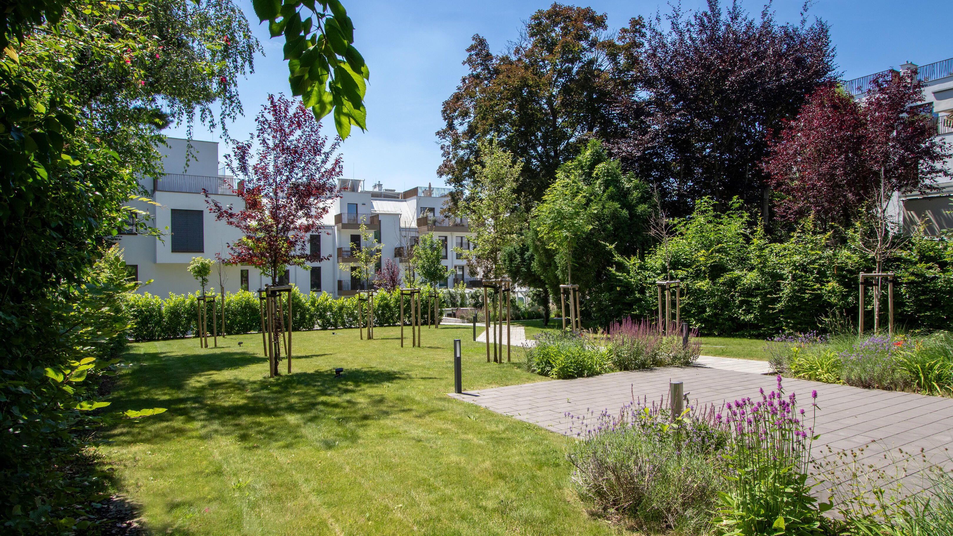 Blick auf den grünen Garten im Innenhof