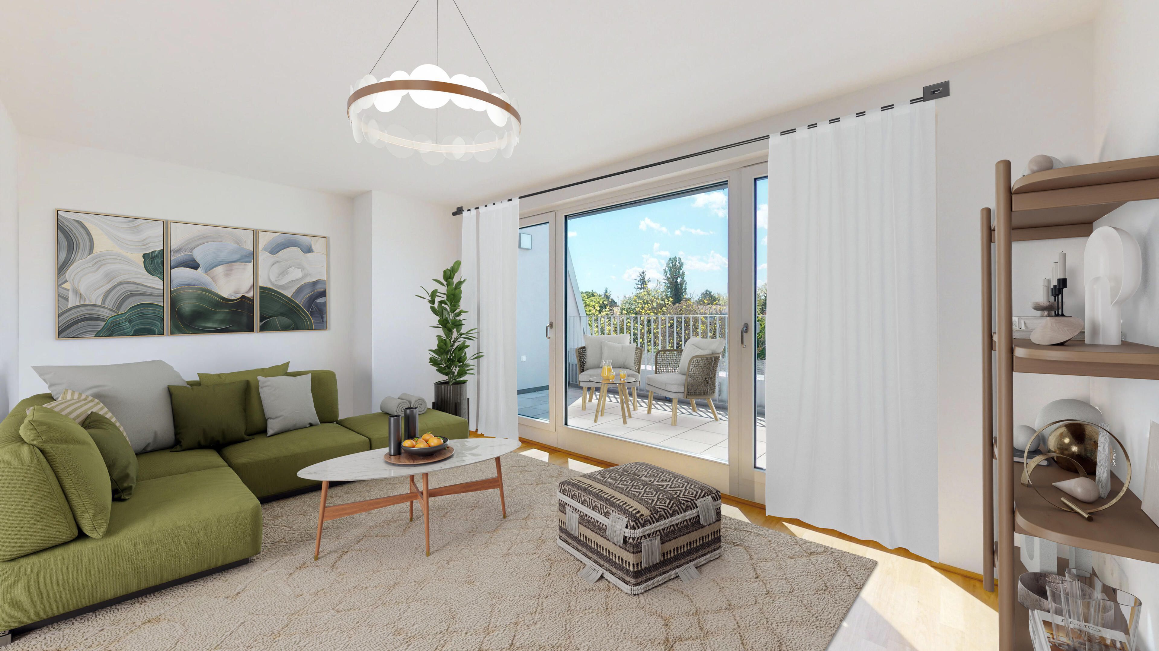 Ansicht eines Wohnraums mit Zugang zur Terrasse und mit virtueller Mustermöblierung