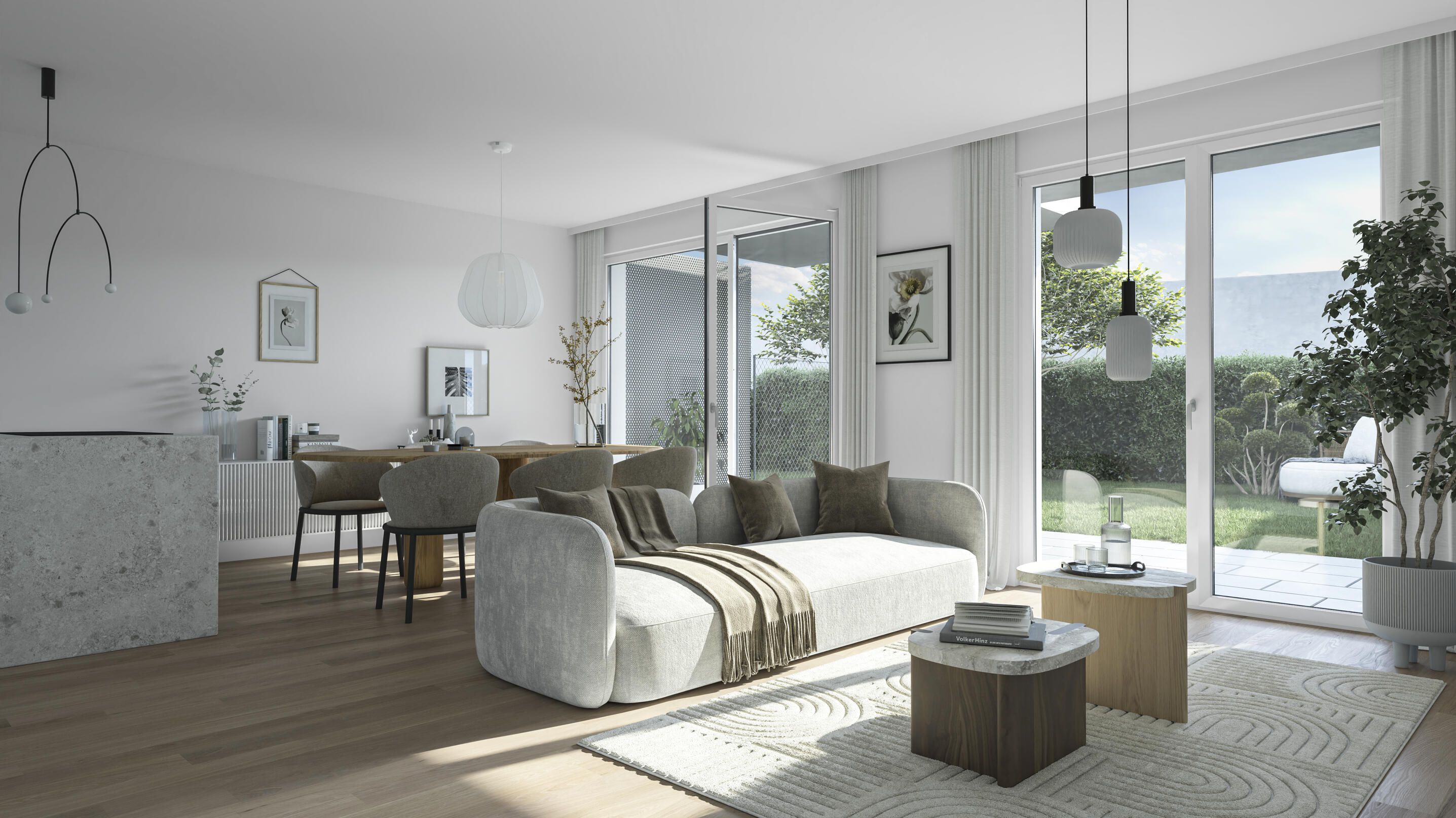 Visualisierung eines modernen Wohnraums mit Zugang zum Garten