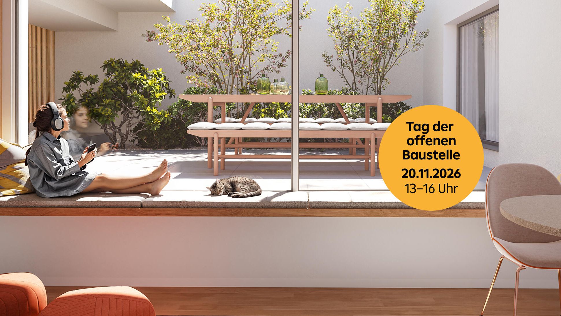 Innenvisualisierung mit dem Hinweis zum Tag der offenen Baustelle am 20.11. um 13 Uhr